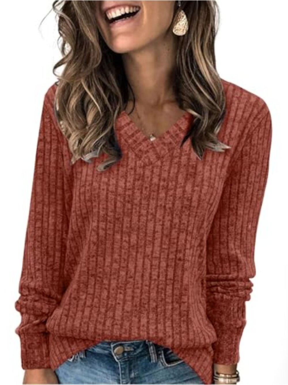 V Neck Long Sleeve Tunic Sweater Lightweight Loose Fit Casual Fall
